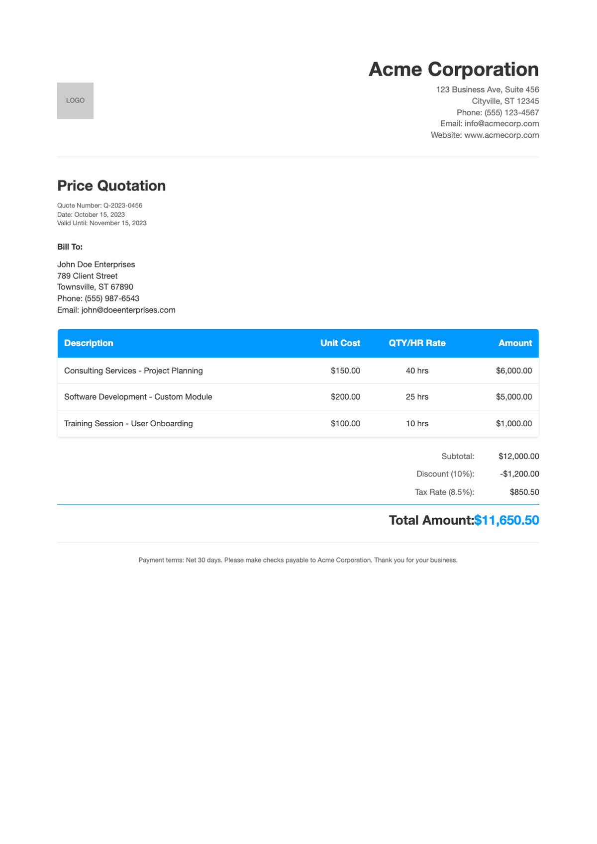 Professional business quote template with blue header and itemized table_variant_3